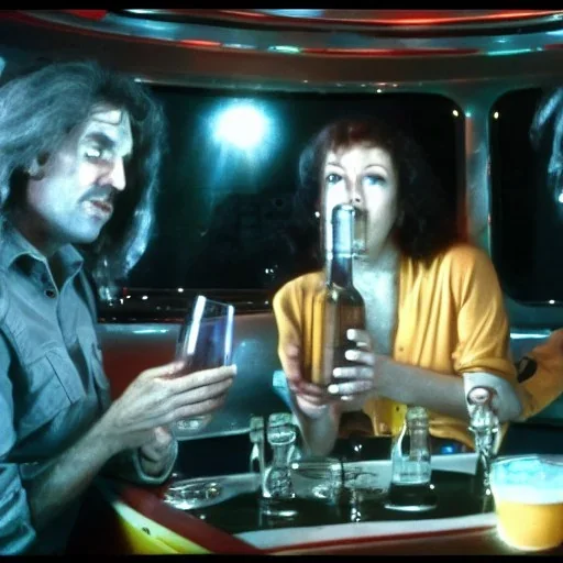 Gina Strippoli brian anwander and Steve Moretti in the future with alien drinking beer in a mothership