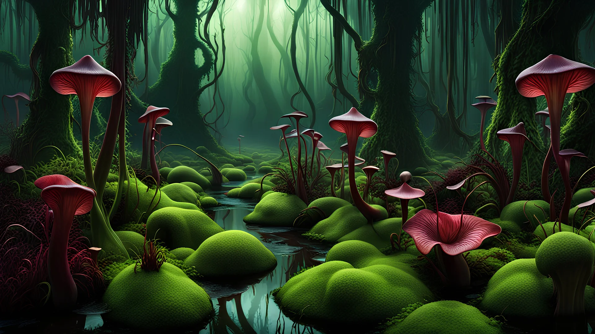 A creepy 3D, HR image of unique and deadly oozing_Carnivorous_pitcher_plants in a toxic vapor nightmare swamp, moss, spores, twisted, glossy, black, crimson, and green hour, wet horrorcore artwork by Froud, Android Jones, and Dariusz Zawadzki, illuminated cinematic background, maximalist, highly detailed, and intricate professional_photography, a masterpiece, 16k resolution, concept art, Artstation, deep rich colors, Unreal Engine 5, CGSsociety.