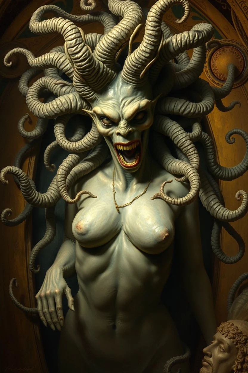 søt som fy Medusa, en god og snill og flink og veldig søt og hårete som en hippie , humanoid skapning fra universet, de regjerer ofte i underjordiske byer . ser på seg selv som overlegne , abyss city, motion blur, painted by Rembrandt