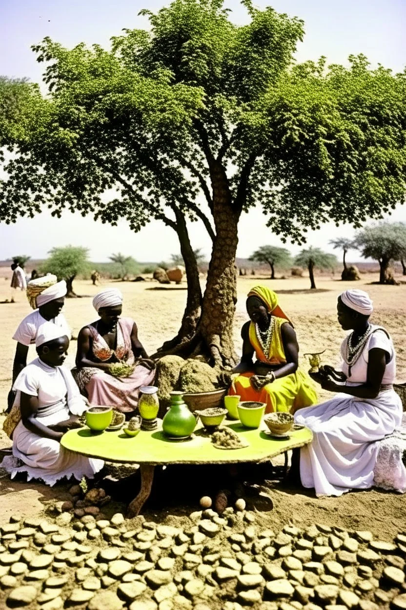 Sudan, destroyed city, women serving tea under tree