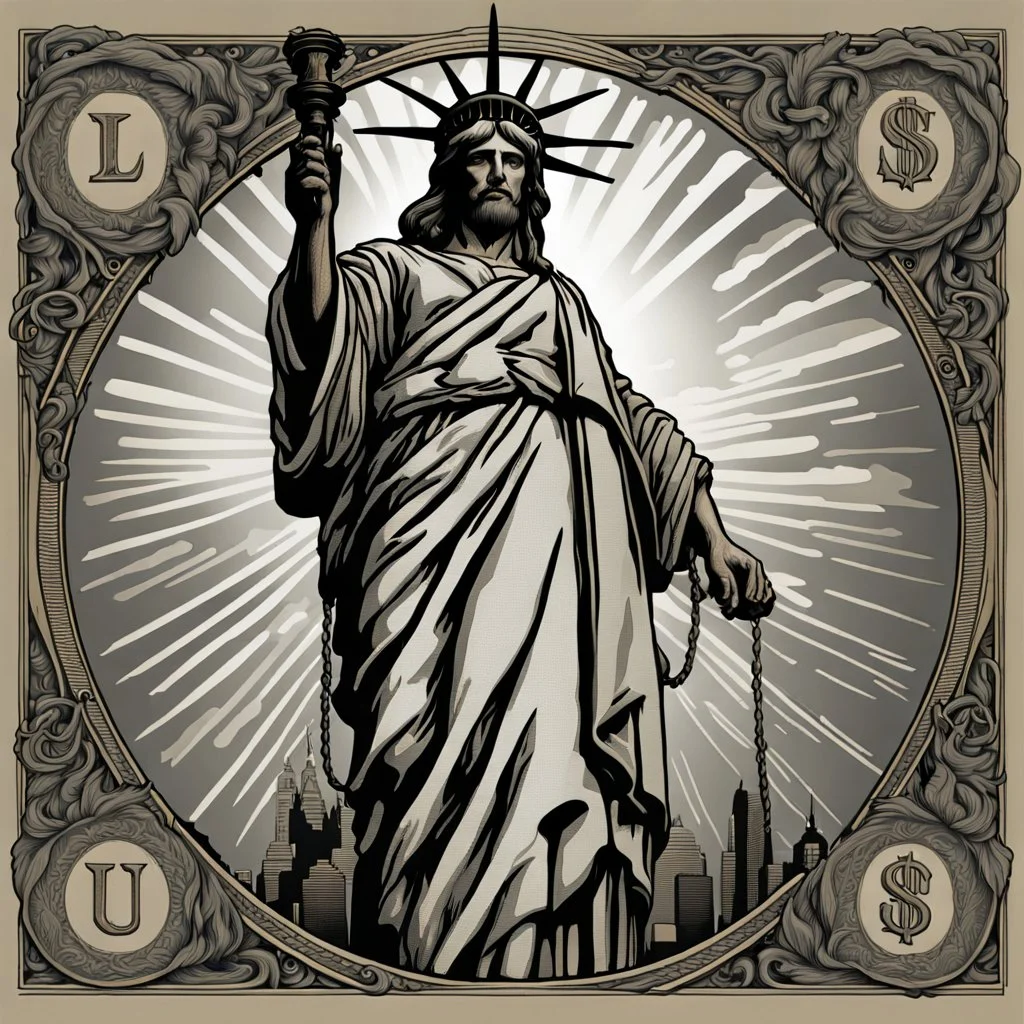 line toned, hedcut, wsj style, statue of Jesus of Liberty with a beard and wearing a cross and hanging from a cross, The statue male, hyperdetailed intricately detailed photoillustration ink drawing dystopian 8k resolution entire body of the statue is in the picture. digital illustration telephoto lens photography , same colors as the us treasury's one dollar bill, crucified"