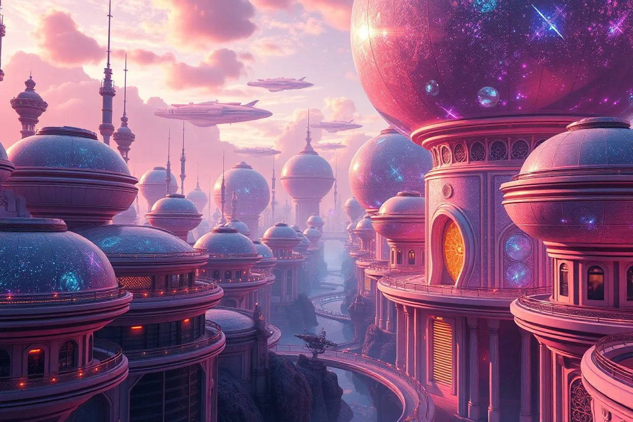 vision of a cosmic city, the futuristic architectures with rounded shapes, the structures are adorned with iridescent pastel colors that sparkle and change according to the light, creating a dreamy atmosphere and the ships in the sky combine to create a place of wonder and harmony. Cinematic scene, beautiful lighting, 3D high quality render