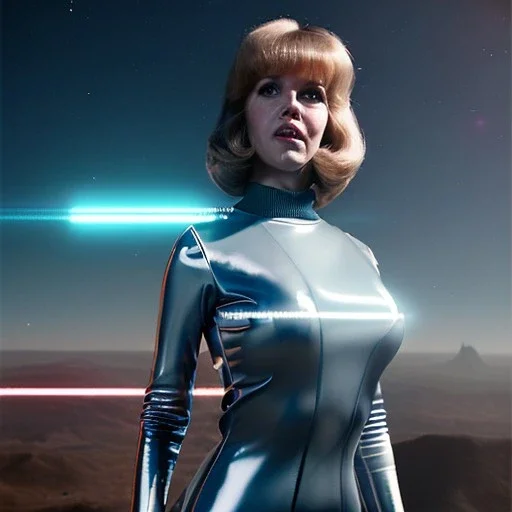 Ultra Realistic retro sci-fi portrait New York image from 1960, many spaceships, sweet young Jane Fonda, tight latex suit, weapon, fighting stance, soft color, highly detailed, unreal engine 5, ray tracing, RTX, lumen lighting, ultra detail, volumetric lighting, 3d, finely drawn, high definition, high resolution.