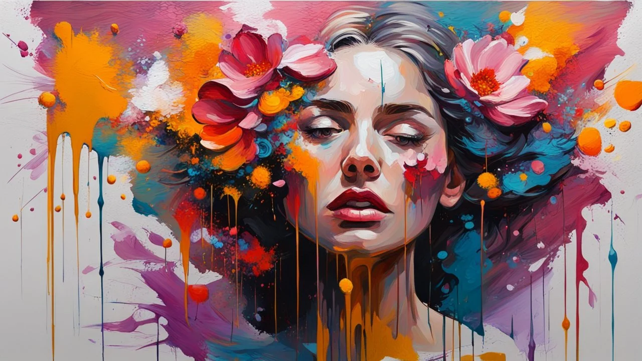 Painting with a dense palette, oil on canvas, hard strokes, paint drips, paint splashes. Woman, flower