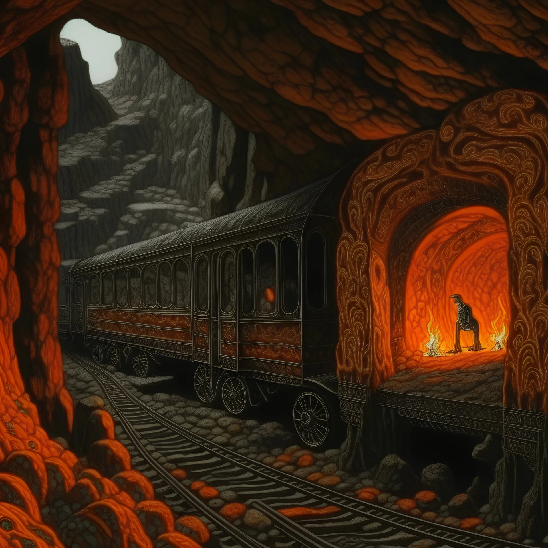A gray train in a cavern filled with lava designed in native American petroglyphs painted by Paul Ranson
