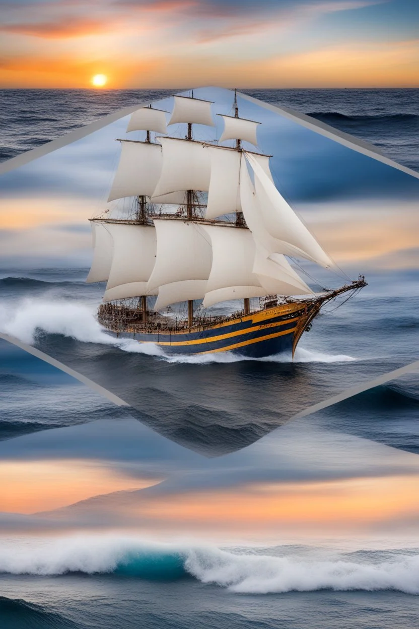 a high seas adventure - perfect waves, perfect ship, perfect sails, perfect weather, professional quality, UHD, 8x10 digital photograph -colorful, playful, bright, vibrant, jewelry, calligraphic, dainty, ornate, flirtatious, Delicate, beautiful patterns, fairy tale background, dark blue and gray gradated background, fog, multicolored explosions of light