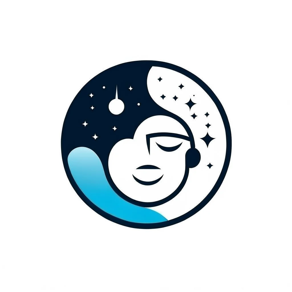 Logo, vector, clean, circle logo with a face looking up at the moon clouds and stars