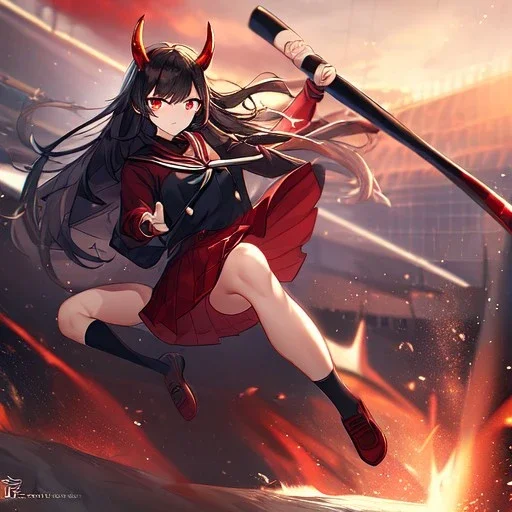 Clear focus,High resolution, Black long hair, Red eyes, Red horns, Wearing a black and red sailor uniform, Swinging a baseball bat, Looking away from the viewer, Full body, Kicking