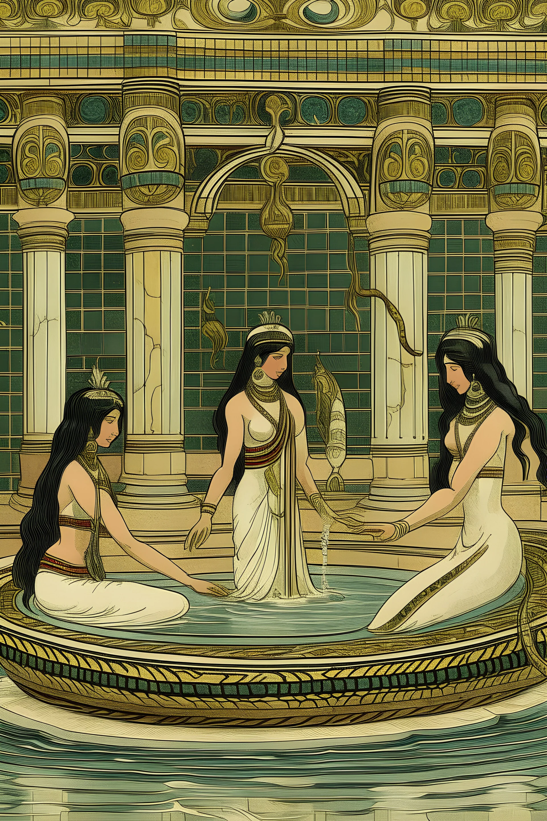 An Egyptian queen gets washed by two female servants in an Egyptian bath in a large Egyptian palace. A Cobra snake wriggles through the water towards her.