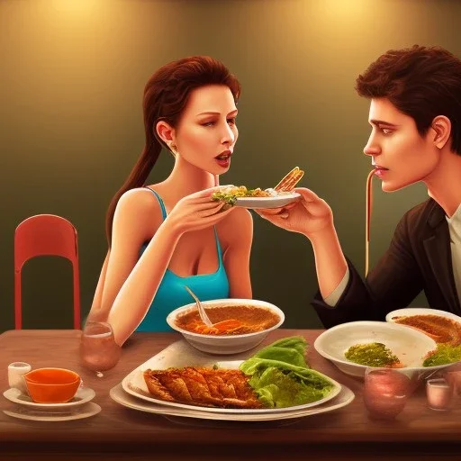 A woman eating a meal with her boyfriend