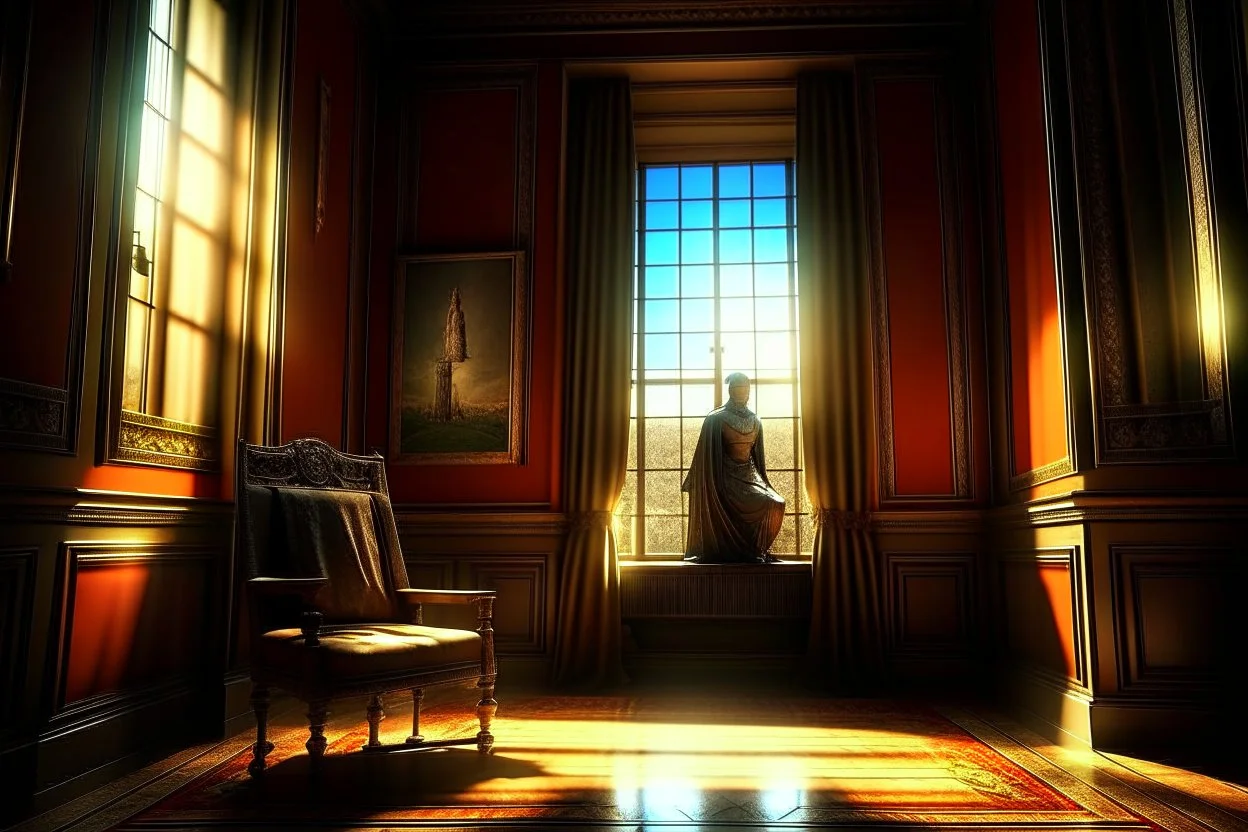 An android sitting on a throne in a palace; behind the throne a large painting with a Caravaggio style painting, to the right a large window through which you can see a demolished city; Blade Runner style, 16K, real photography