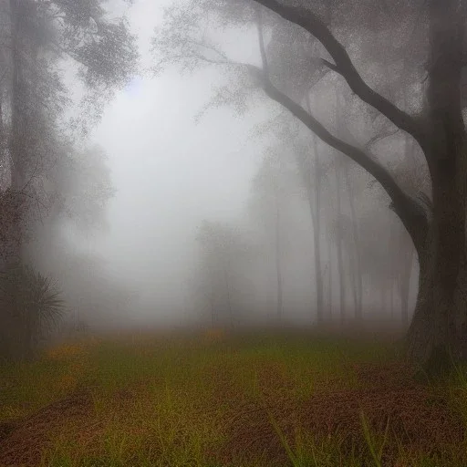 Photorealistic sleepy FLORIDIAN misty foggy ravine creek