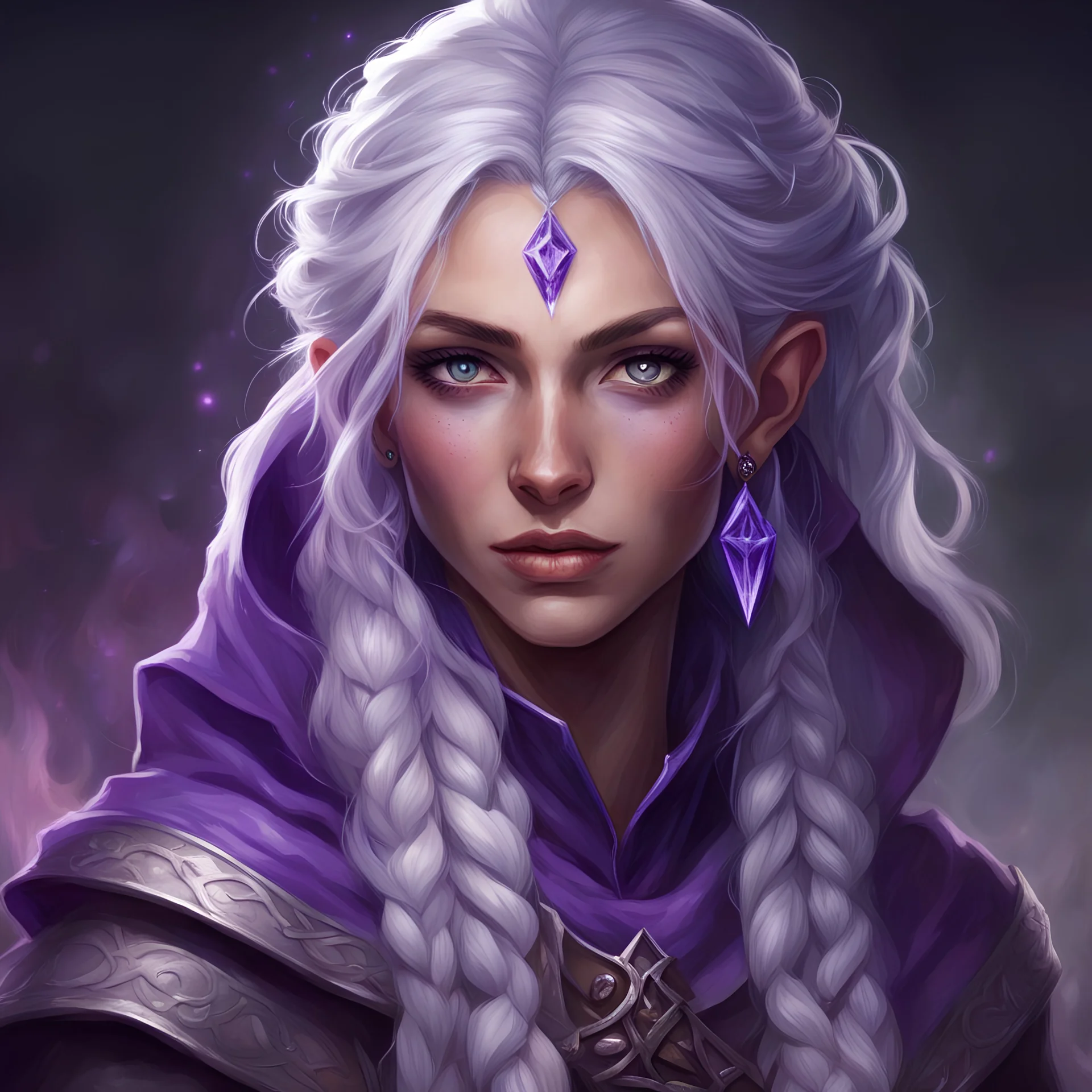 dungeons & dragons; portrait; human; female; sorcerer; wild magic; silver hair; braids; violet eyes; cloak
