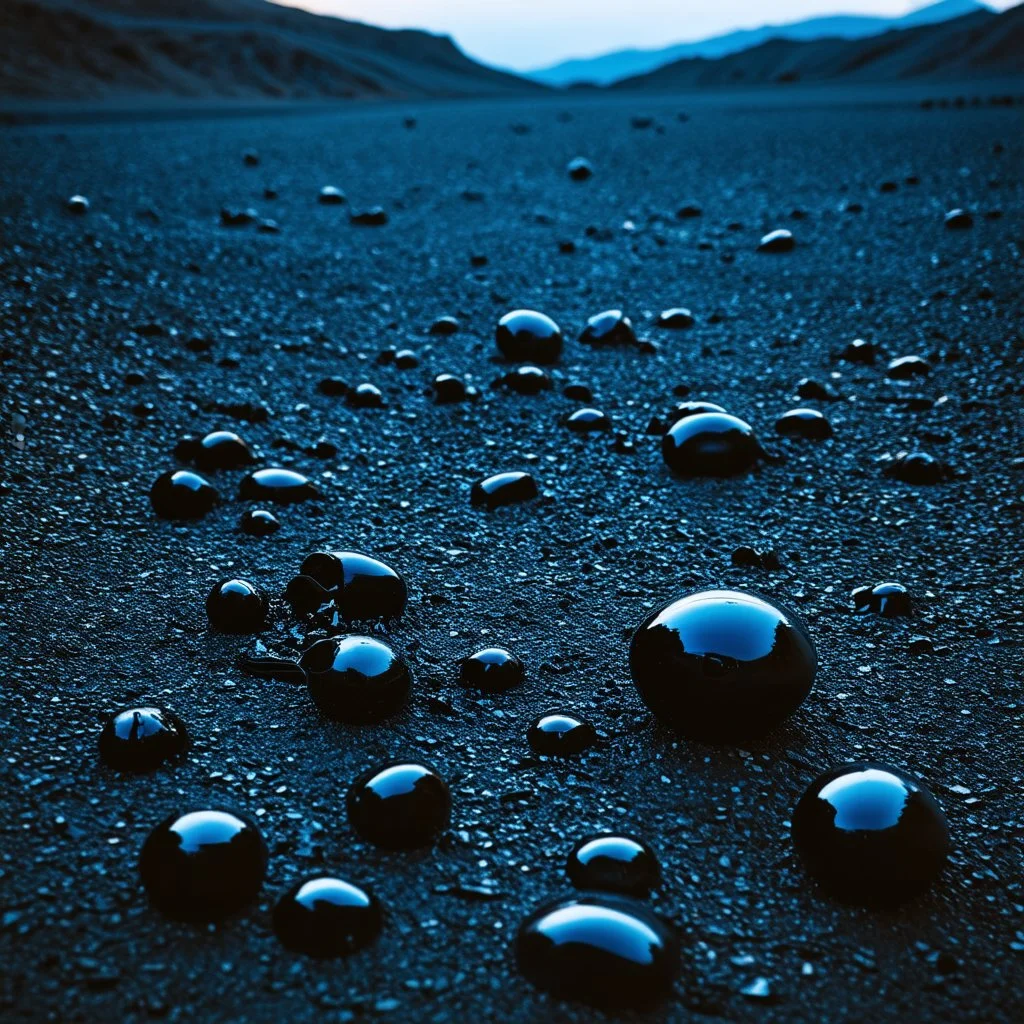 Photograph, odd objects scattered over an arid surface, night, nothingness, spooky, close-up, in Yves Tanguy style, nightmare, highly hypermaximalist, details of the terrain very accentuated, 8k, deep 3d field, sharp, eerily mysterious, artistic photo, large format film, shot on Hasselblad, 33mm photography, mysterious, dark, rotten, macabre, streams of black liquid