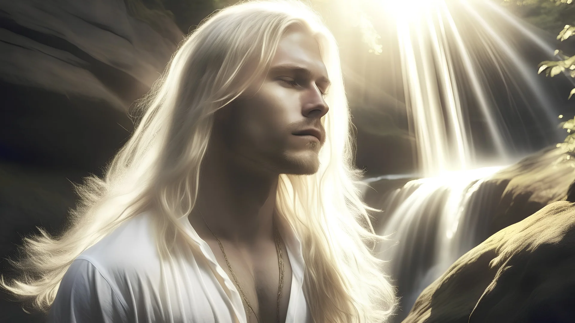 homme blond , angelique , longs cheveux , soleil , cascade