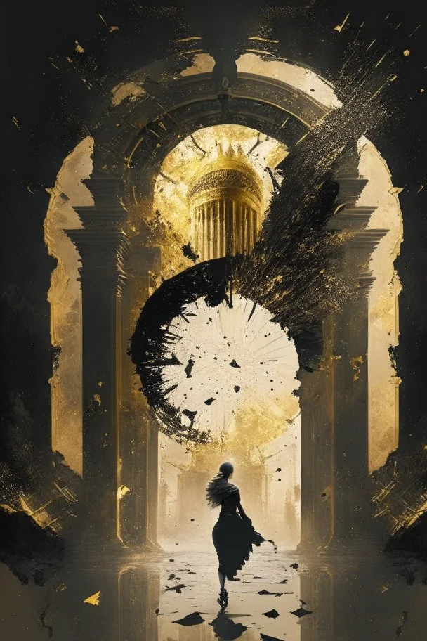 a time gate explodes, a palace, a person, black and gold colour