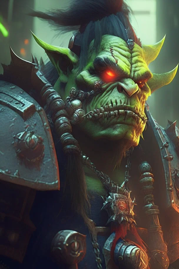 orc judge in the style of warhammer, anime style, depth of field, nvidia graphics, lightrays, trending art, movie poster