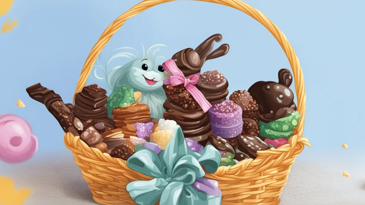 Fantasy cartoon illustration: a basket full of chocolate treats