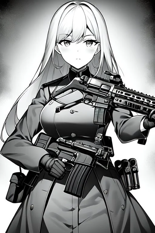 military girl takes out gun, greyscale