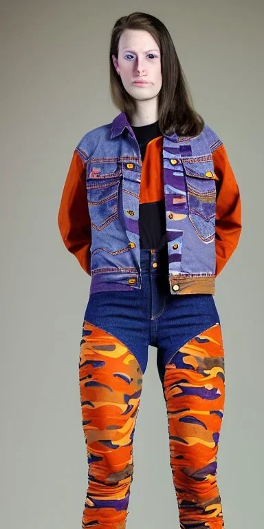 Model, woman. sérigraphie on denim with orange,terracotta, cream and purple colors. Camouflage patterns are screen printed on denim. Woman in her 30's. thick thighs, thick calves, flat belly, wide hip. Mantle made of recycled Denim by sewing. Sewed camouflage patterns together. Big bright purple and blue felt pieces makes mantle, which is merged with satchel. purple tippet and cream-colored-hood. AKG headphones (gold rings!) is merged with small felt cap with small visor. Haute Couture 1990's