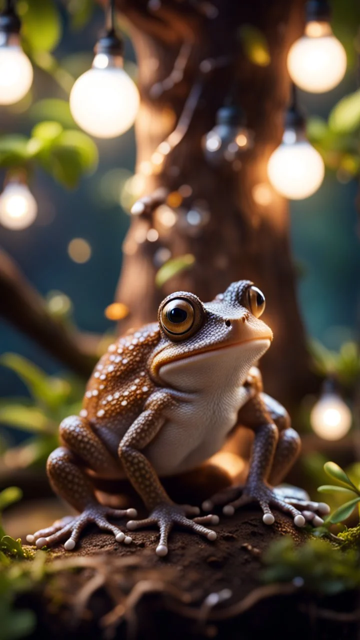 portrait of hairy frog living inside a huge tree growing light bulbs,bokeh like f/0.8, tilt-shift lens 8k, high detail, smooth render, down-light, unreal engine, prize winning