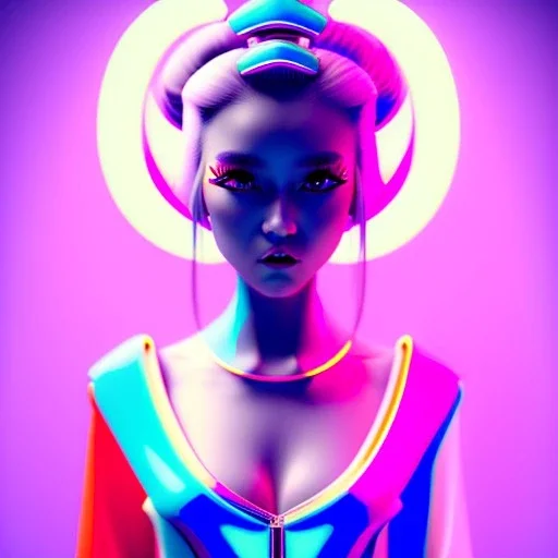 blonde woman teenager, geisha, retro futuristic, latex dress, gradient color, BLUE, PINK, CYAN, neon, insanely detailed, 16k resolution, perfect eyes, cinematic smooth, intricate detail