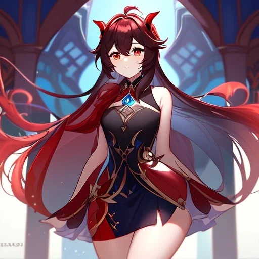 Clear focus,High resolution, Black long hair, Red eyes, Red horns, Wearing a Genshin Impact inspired outfit with black and red as the main color,Outfit includes a short skirt, Looking away from the viewer