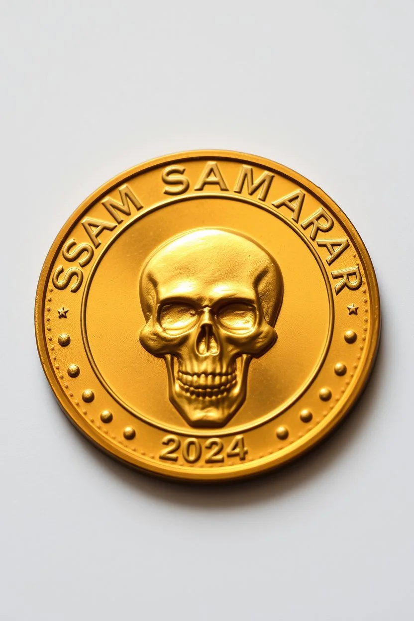 view of word , SAM SAMARRAI 2024, on the edge on the gold coin ,with picture of skull head, in the middle of the coin.