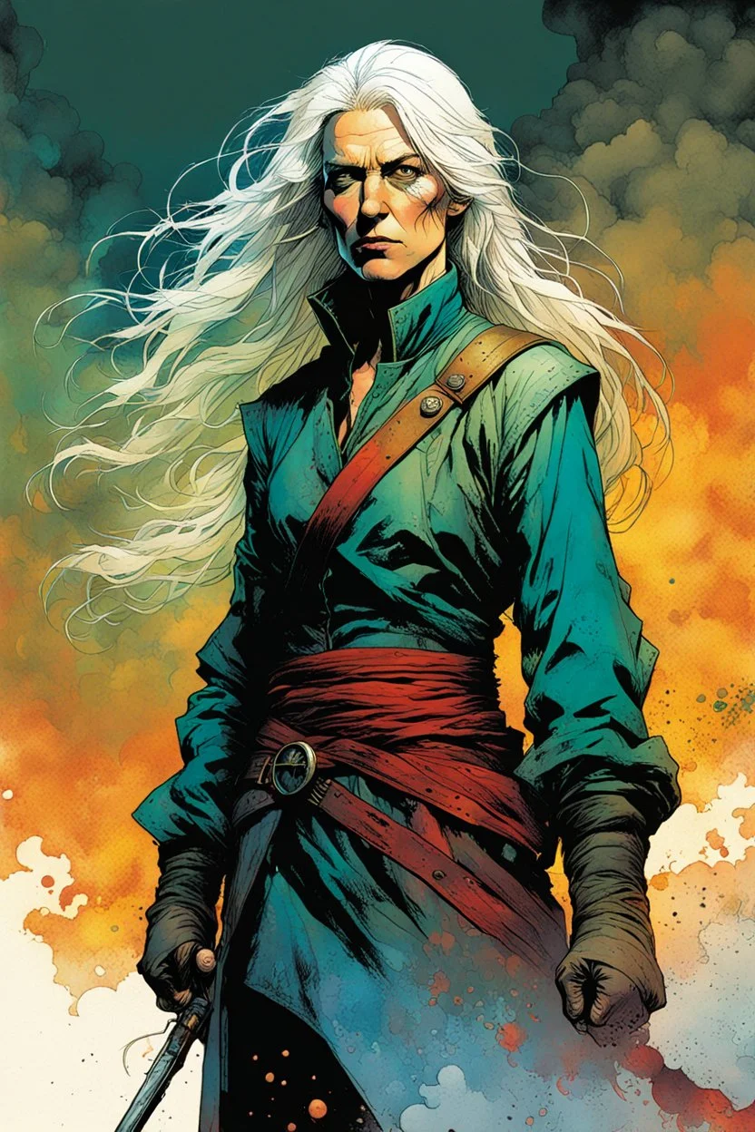 create an imaginative full body print illustration of an ethereal, otherworldly haggard, scarred, and grim, flaxen haired female grandmaster Witcher , in the comic book art style of Bill Sienkiewicz, Mike Mignola, and Jean Giraud Moebius, with highly detailed facial features , finely drawn, colored and inked,