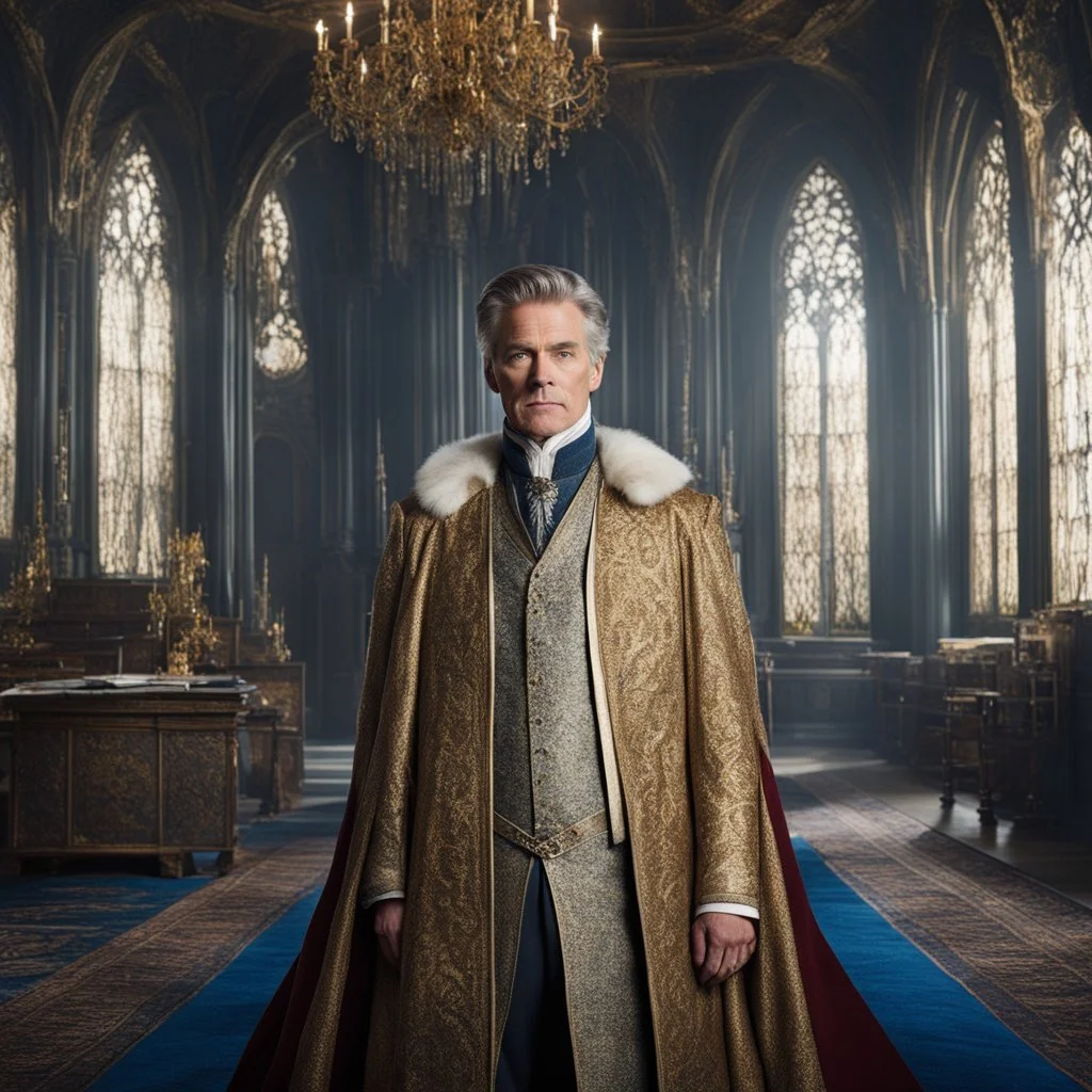 In the grand throne room of Castle Evermoor, the seat of power for the Thornwood family, Baron Cedric Thornwood commands his presence with an air of dignity and authority. Tall and regal, he possesses a commanding presence that demands respect. Baron Cedric's greying hair is neatly combed, and his piercing blue eyes reflect both intelligence and a sense of responsibility. Clad in fine garments befitting his noble status, he exudes an aura of leadership.