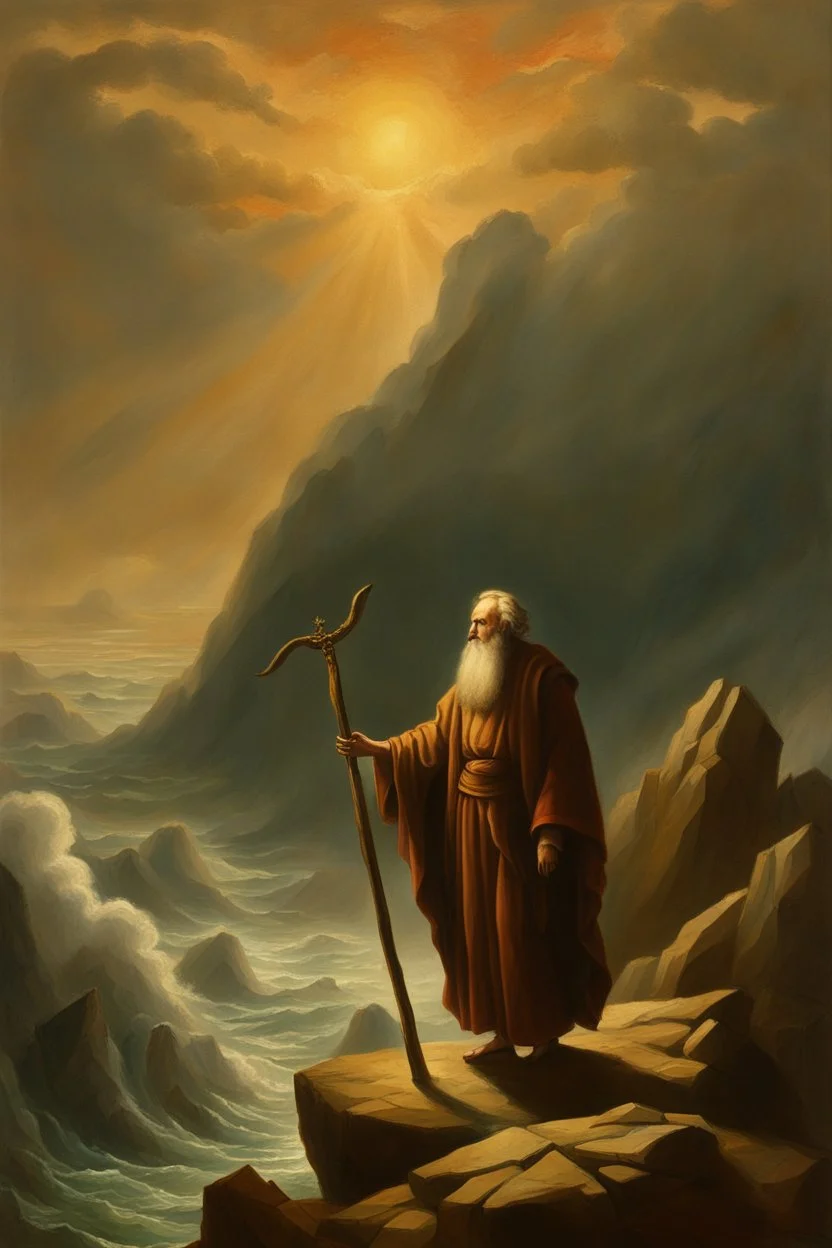 Moses stands on a mountain and holds a crooked wooden staff. Aaron is next to HIM, and there are a lot of Jewish people crossing the sea by land below. There are walls of water on both sides to the right and left of them. There is a silhouette of God in the sky. Everything is painted in oil painting with high-quality drawing of details