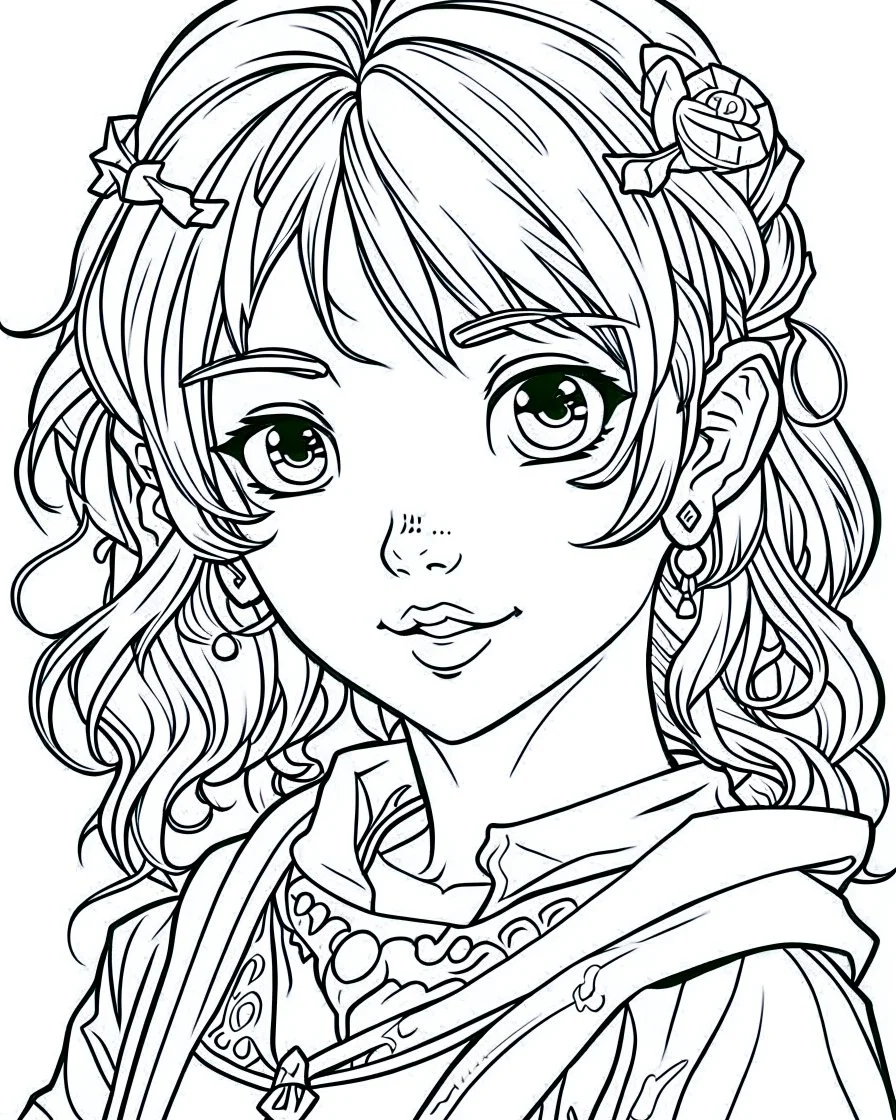 outline art for real Frozen coloring page, Japanese manga style, cartoon style, cute face, white background sketch style, full body is a must, only use outline, clean line art, no shadow, bold outline