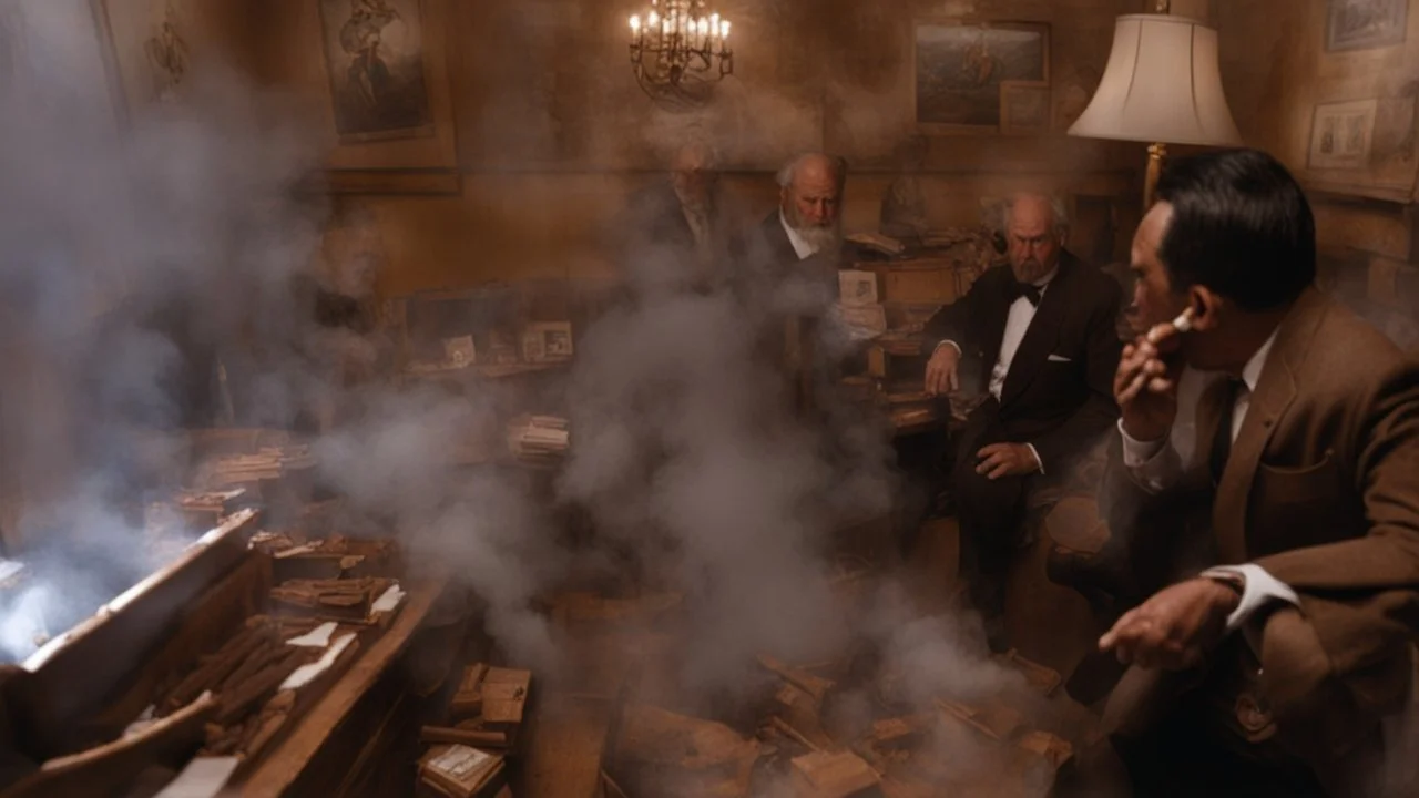 men smoking many cigars fill room with so much smoke it's alive