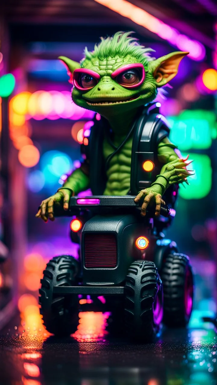 portrait of lizardman ghost Hairy Gremlin myth buster pimp ninja yoga cyber punk in flying hipster lawn tractor parked in dark neon lit reflective wet arcade hall tunnel,bokeh like f/0.8, tilt-shift lens 8k, high detail, smooth render, down-light, unreal engine, prize winning