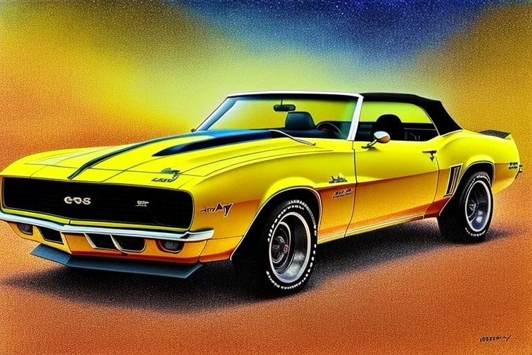 a true-to-life 1969 chevrolet camaro convertible pro street, two-tone paintwork, classic hotrod wheels, detroit steel wheels, pen and color marker, centered, intricate, extreme detailed, photorealism, center view, stylized random background, pivot on camaro, painting by cheryl kelley