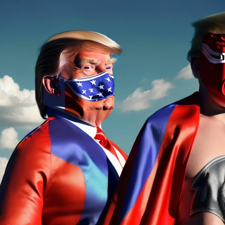 realistic image of donald trump as a mexican wrestling fighter posing outdoors, Mexican eyes wrestling mask, red and blue breeches, confederate flag cape, retro style, 80s, vibrant color, highly detailed, sky background, concept art, unreal engine 5, god rays, ray tracing, RTX, lumen lighting, ultra detail, volumetric lighting, 3d, finely drawn, high definition, high resolution.