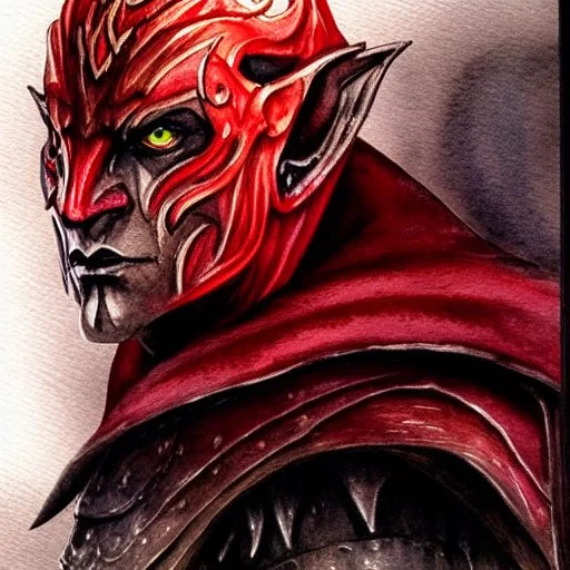 dnd, fantasy, watercolour, portrait, ilustration, elf, dark lord, armour, satanic, red, black, mighty, strong jaw