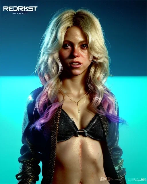 portrait, Shakira, blonde artist, angry, Realistic image, MMA robe, hoodie, mma gloves, loose long hair, eyes, makeup, gold line make up, moisture, sweat, fog, goddess, Neon colors, leds. Black background, photo studio, concept art, smooth, unreal engine 5, god lights, ray tracing, RTX, lumen lighting, ultra detail, volumetric lighting, 3d, finely drawn, high definition, 4k.