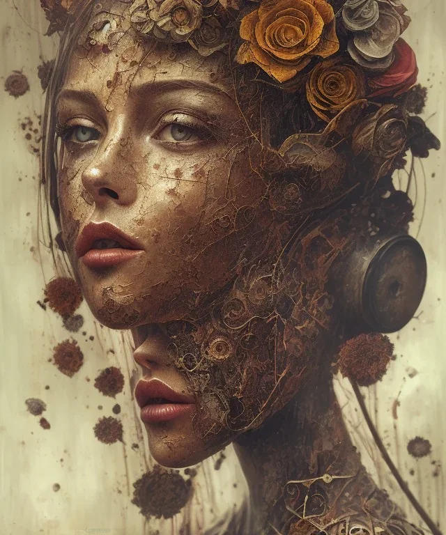 an abstract painting of rusted metal and flowers, portrait, rust, scaffolding, iron cladding, decay, mixed media, textured, anatomically correct, beautiful perfect face, sharp focus, highly detailed