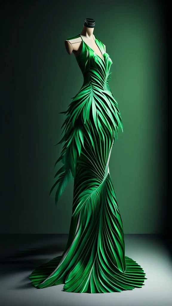 1mannequin, pageant dress, dress inspired by fan palm, pan palm, beautiful, flowing, green, elegant, full body frame, full body, hd, ultra realistic, dress displayed in the mannequin