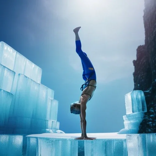 yoga cliff diver before diving into pool of ice, glass tower background, Menzoberranzan,4k, Highly Detailed, perfect eyes, Digital Illustration, Cinematic Lighting, Realistic, Sharp Focus, Centered, Beautifully Lit, Bioluminescent by Stanley Artgerm Lau