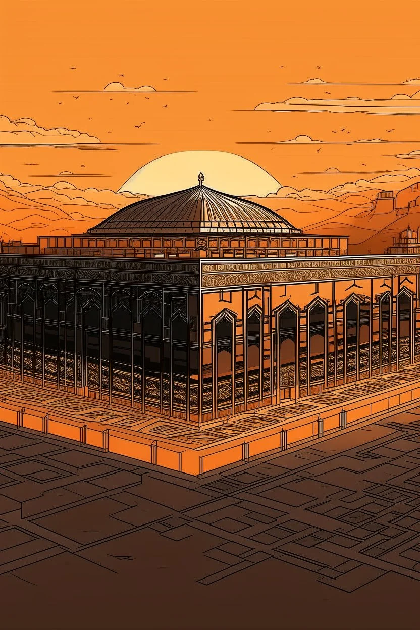 An image of the Holy Kaaba at sunset in 8K resolution thin lines draw