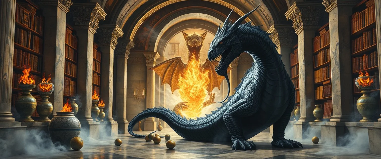master oil painting by Escher and Giger, glaring vases and black humanoid reflective expressive long clunky obese elder dragon and hidden golden dragon inside marble hall library, cryptic eggs, sacred geometry, fire fog and steam border, fire elemental creature, twisted dimensional portal for ice elemetals only