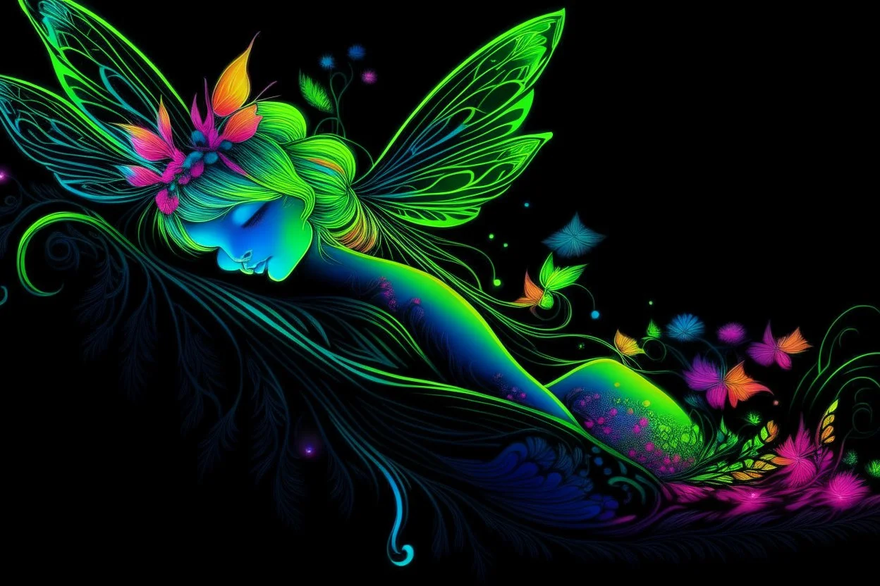 black light art neon colors cute sleeping fairy