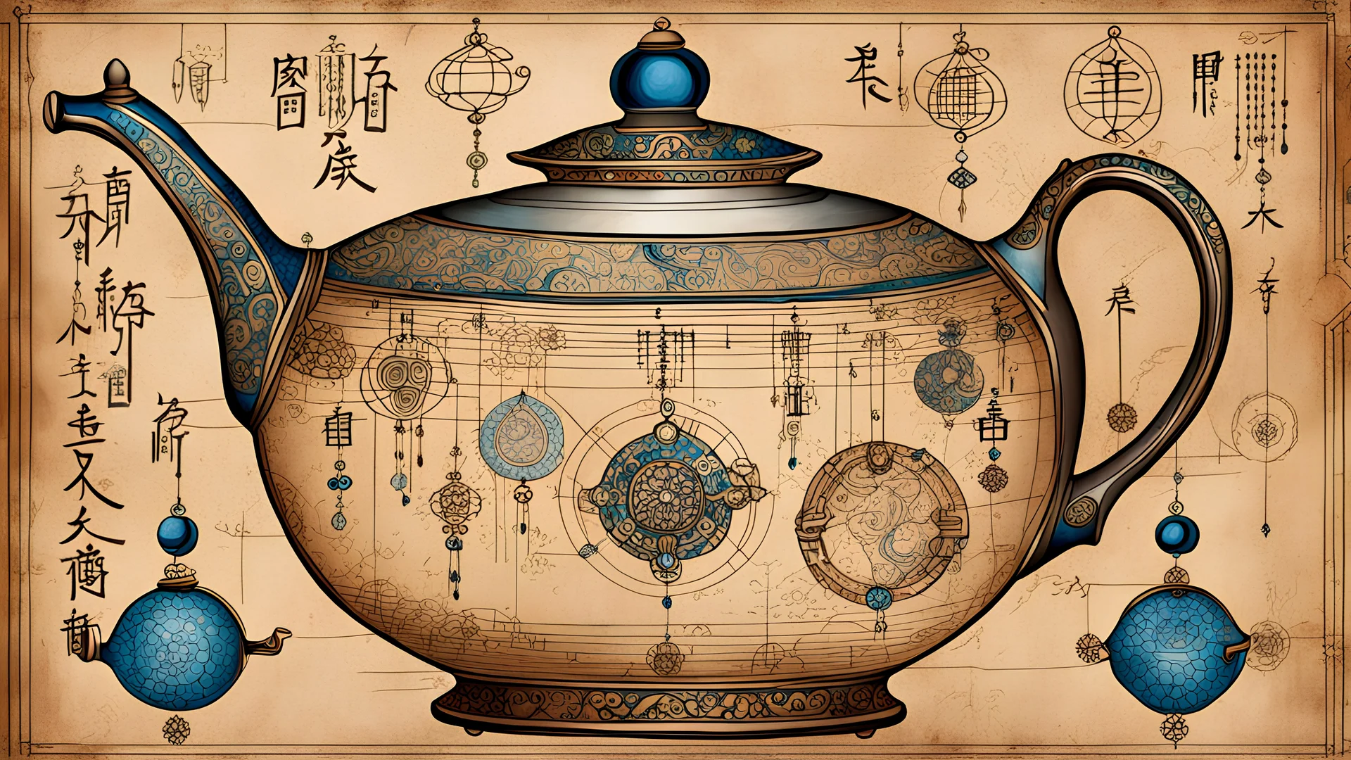 a ((detailed_Leonardo_da_Vinci_schematic_of_ancient_chinese_teapot_drawn_on_jeweled_weathered_parchment_bold_lines_loose_lines)), chinese schematic background, overhead view, deep rich colors, (shiny glass jewels), ultra quality, ultra-detailed, 16k resolution, trending on Artstation, gorgeous and elegant, unique