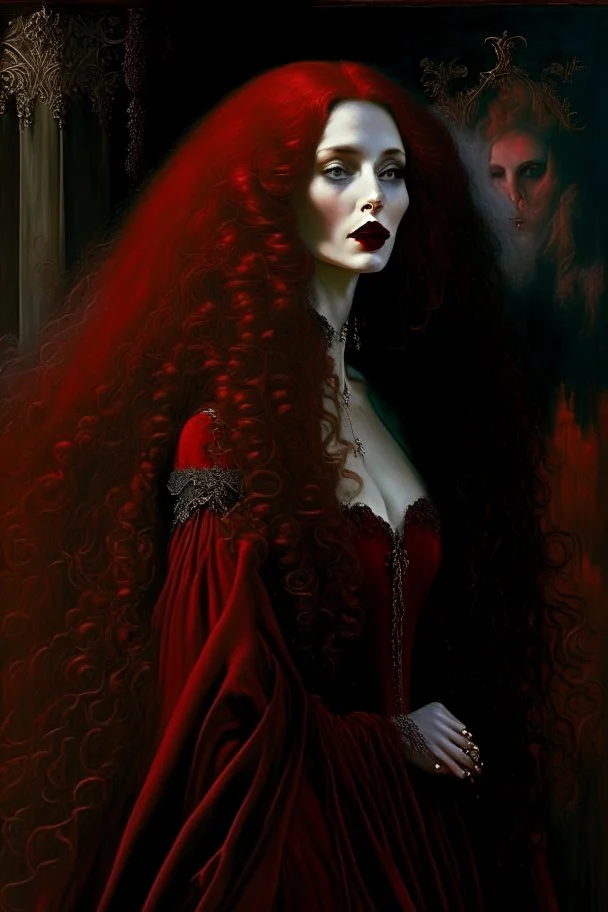 In the foreground there stands a stunning American woman whose visage is adorned with a full sumptuous coat of red lipstick and her long flowing locks are a deep and rich shade of darkness Her garment is an elegant and refined medieval evening gown the hue of which skews towards a bewitching shade of red and its texture is that of a fine and delicate lace Behind her the setting is a warm and inviting space illuminated primarily by the soft flickering glow of candles and punctuated by the presenc