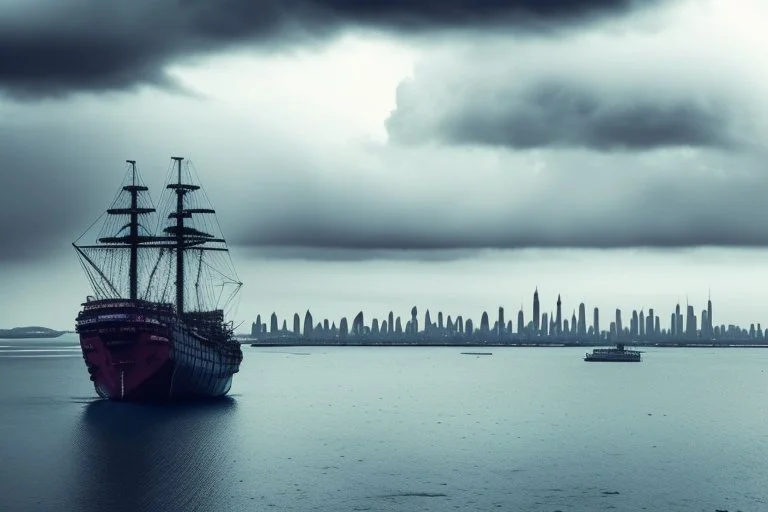 Cloudy day, distant city, ships