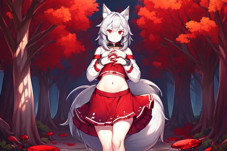 Two Girl, forest, gray hair, wolf ears, wolf tail, open navel, hands on chest, blushing, standing by a tree, collar on neck, very short red skirt, blood on hands, long nails, wolf hair on legs, more red eyes, glowing mushrooms on trees, big tail