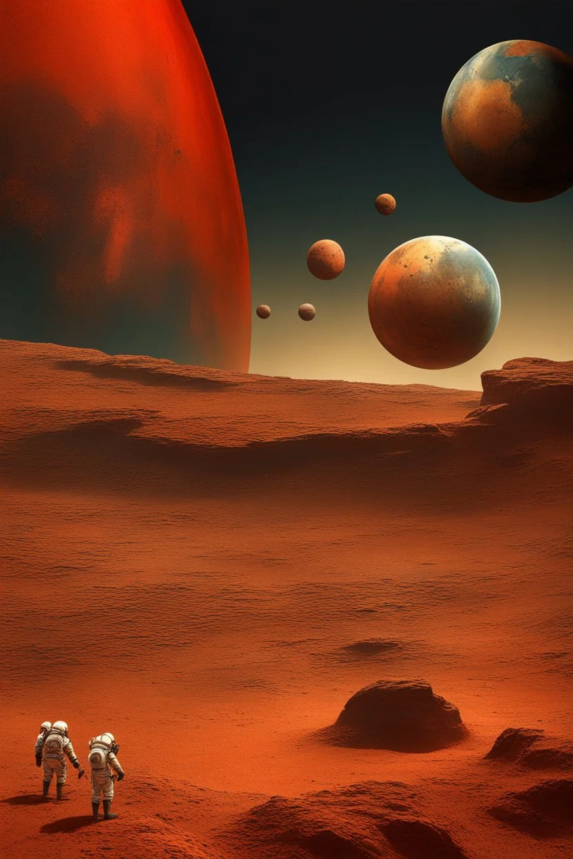 Bosch painting style, show a shot of a view of Mars surface