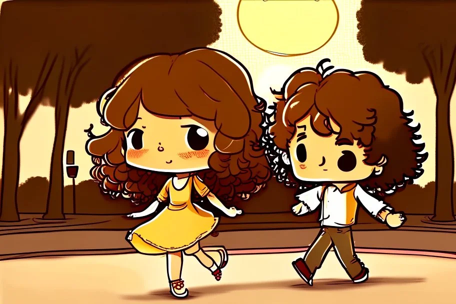 a cute chibi spanish man with short curly brown hair cropped at the back in yellow T-shirt and jeans with a cute chibi contented girl with long brown hair and brown eyes in a red elegant jumpsuit and red high heels, and a chibi girl with blonde brown hair in a beige dress dancing dynamically in Madrid in the Retino park, in the moonlight, ethereal, cinematic postprocessing, airplane in the sky